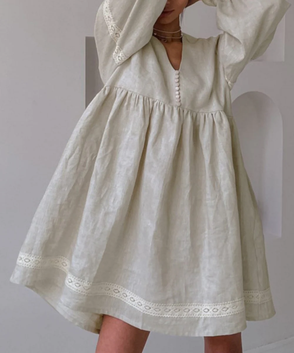 Robe Empire Bohème | Lin | Manches Bouffantes & Détails Dentelle – Image 3