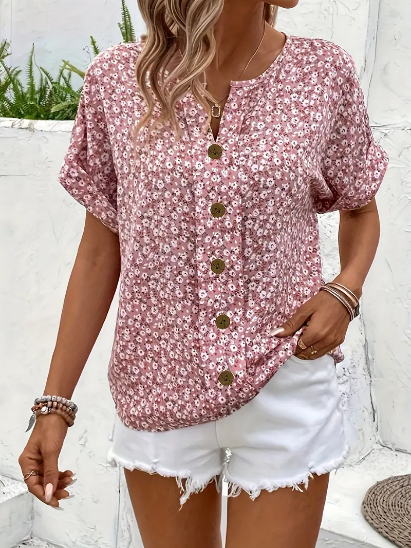 Blouse Fleurie | Rose Boutonnée | Légère et Décontractée – Image 3