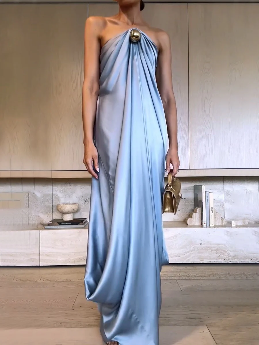 Robe Longue Drapée | Viscose | Élégance Fluide & Attache Bijou