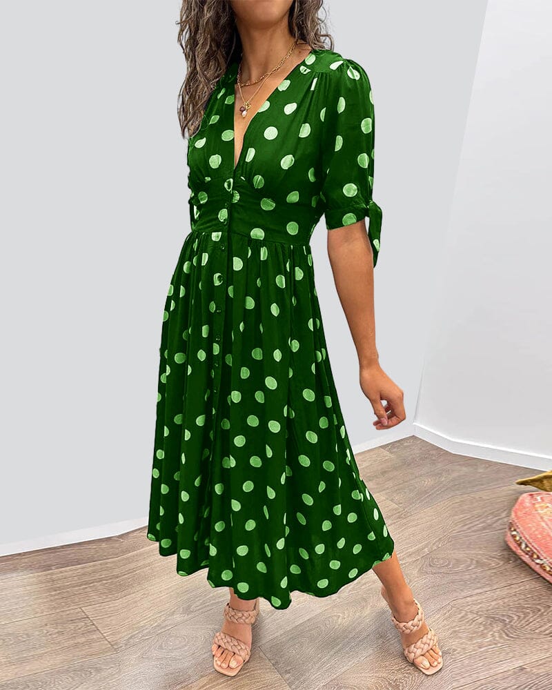 Charme Rétro | Robe Mi-Longue à Pois et Manches Nouées – Image 6