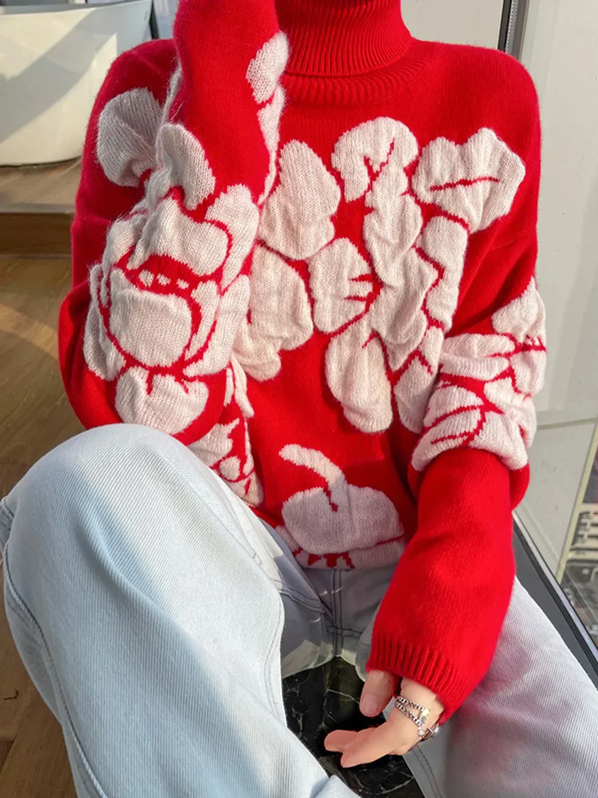 Abstract Turtleneck Sweater | Red & White | Warm and Artistic – Image 3