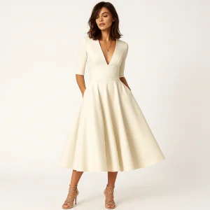 Robe Midi Écrue Élégante | Décolleté V & Jupe Évasée | Parfaite pour Cérémonie