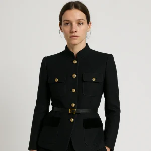 Veste Noire à Col Officier | Boutons Dorés & Ceinture | Élégance Structurée