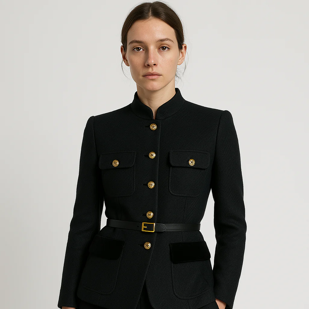 Veste Noire à Col Officier | Boutons Dorés & Ceinture | Élégance Structurée