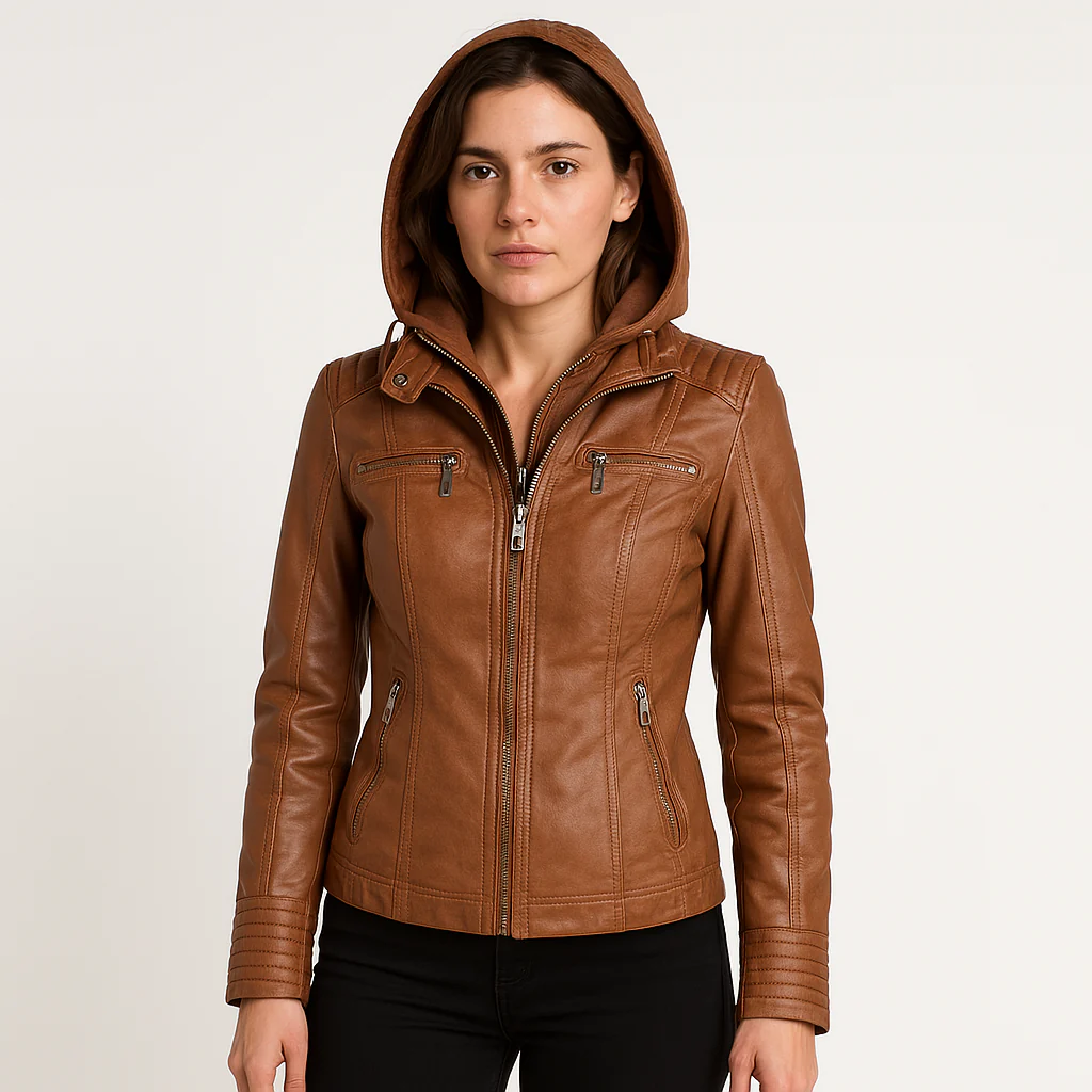 Veste Effet Cuir Camel avec Capuche | Style Biker & Urbain | Confort Mi-Saison – Image 2