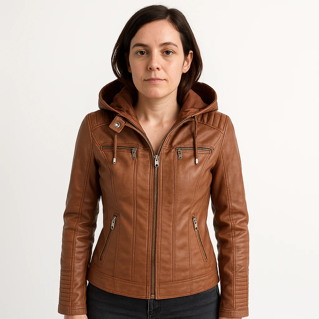 Veste Effet Cuir Camel avec Capuche | Style Biker & Urbain | Confort Mi-Saison