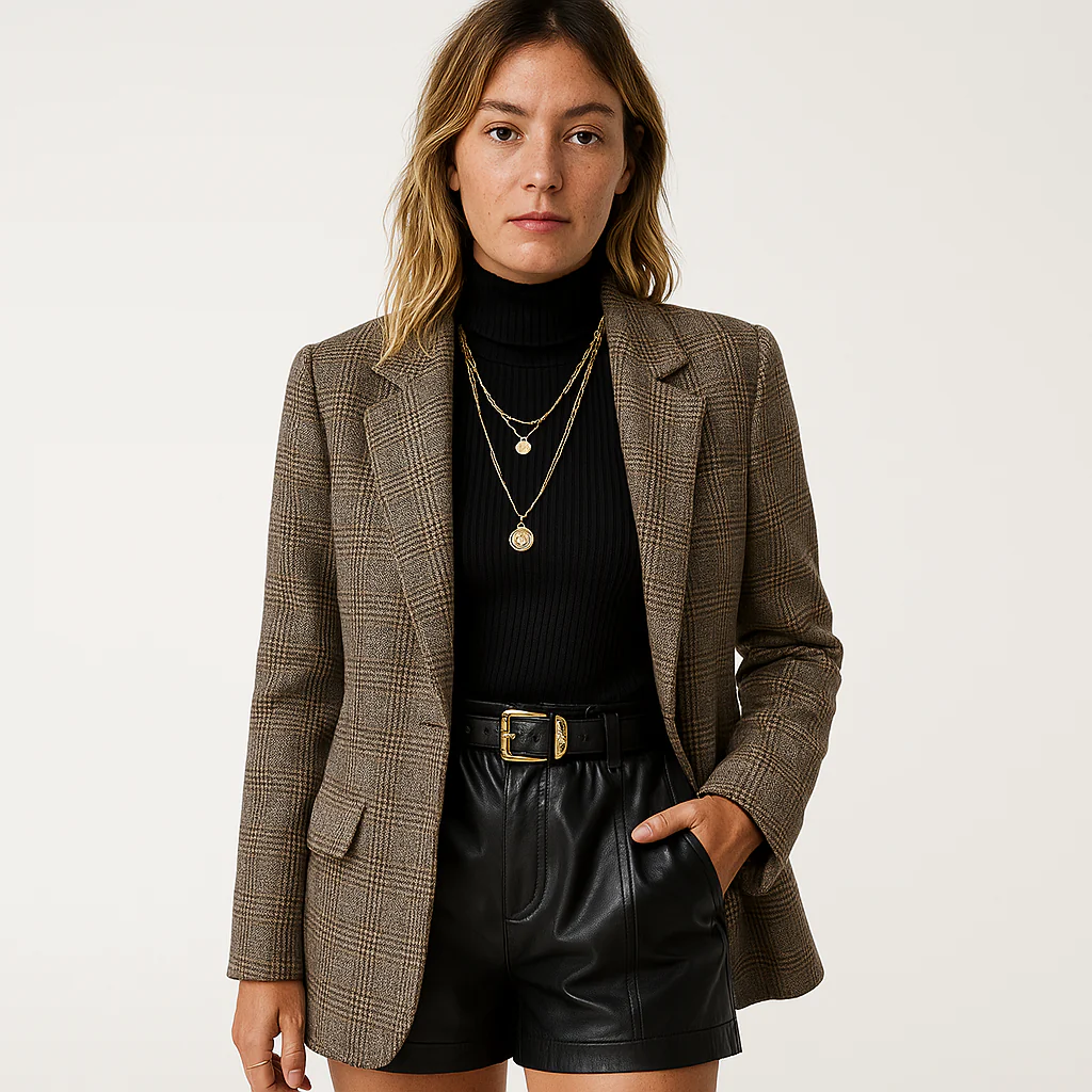 Blazer à Carreaux Femme | Prince-de-Galles Marron | Coupe Droite Structurée