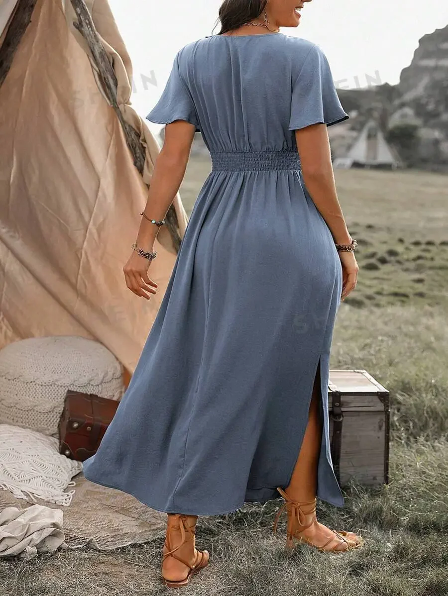 Robe Longue | Noire à Taille Smockée | Élégante et Fluide – Image 4