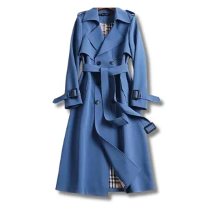 Trench-Coat Long Bleu | Élégant & Structuré | Ceinturé et Doublé