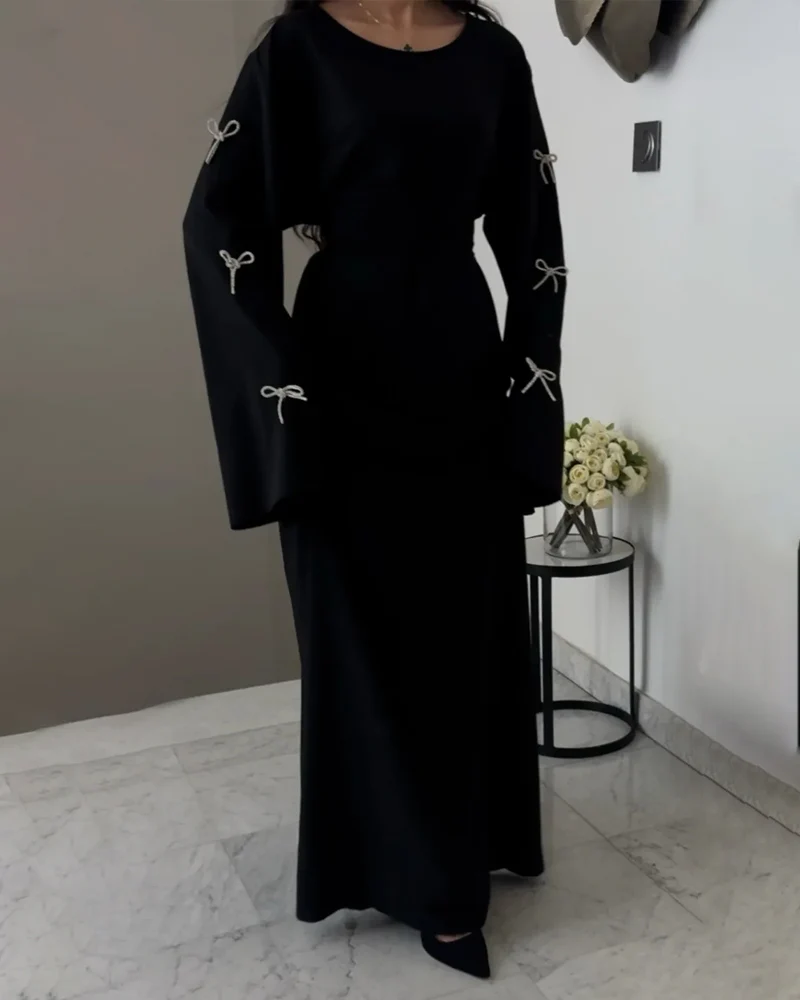 Abaya Noire à Nœuds | Lin | Élégance Minimaliste et Détails Féminins – Image 2