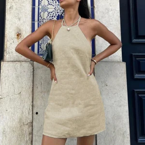 Robe Halter Lin Beige | Élégance Naturelle & Minimalisme Chic