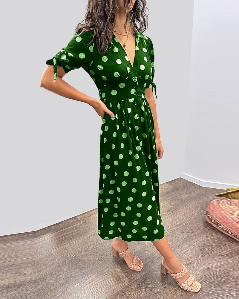 Charme Rétro | Robe Mi-Longue à Pois et Manches Nouées – Image 5