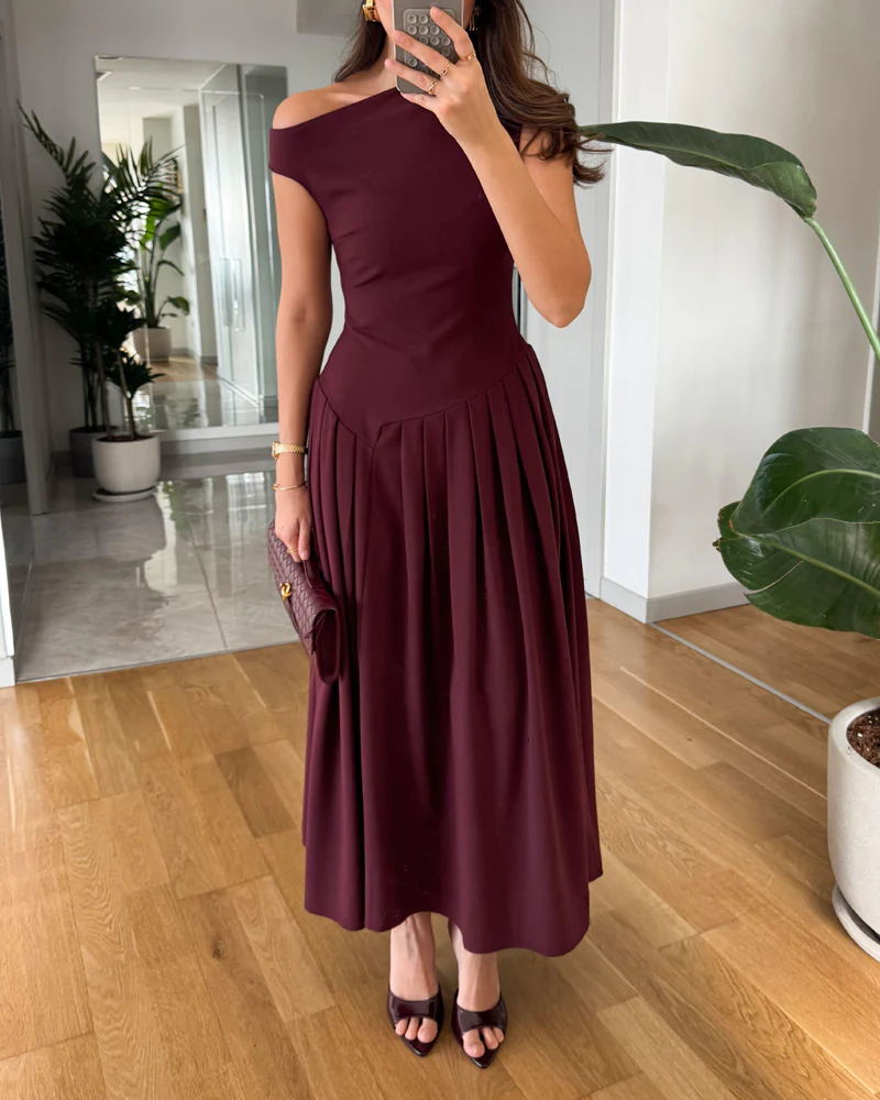 Robe Longue Bordeaux | Col Asymétrique & Jupe Évasée | 100% Coton – Image 3