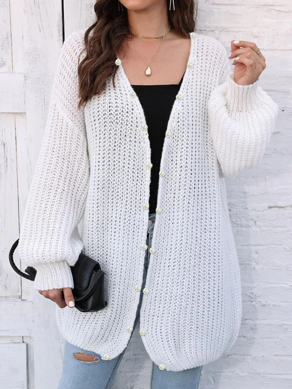 Cardigan Long | Maille Élégante | Boutons Perle & Confort – Image 2