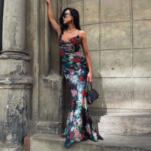 Floral Printed Satin Maxi Dress | Charme Nocturne