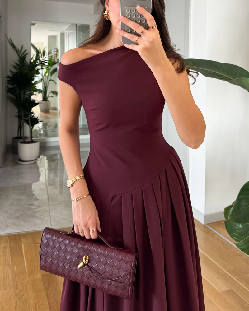 Robe Longue Bordeaux | Col Asymétrique & Jupe Évasée | 100% Coton – Image 6