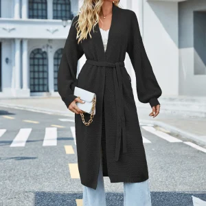 Elegance Belted Long Cardigan with Puff Sleeves
