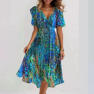 Robe Midi Fluide Femme | Imprimé Bleu Multicolore | Décolleté Croisé Léger