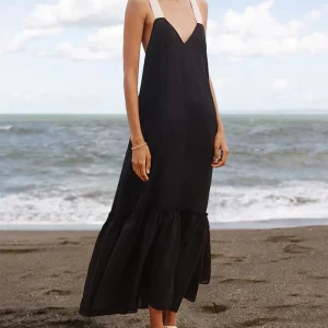 Robe Longue Noire | Lin Léger | Bretelles Contrastées & Bas Volanté