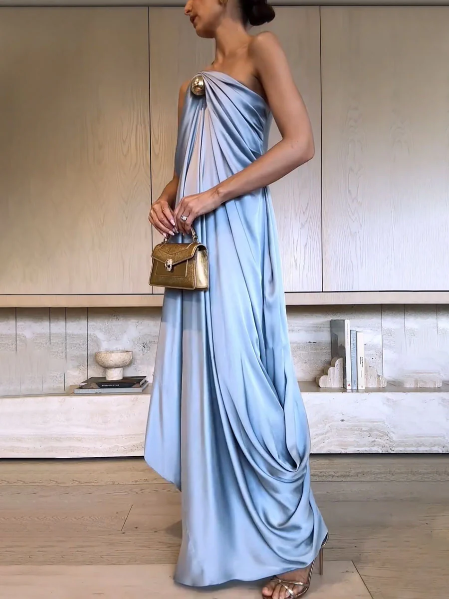 Robe Longue Drapée | Viscose | Élégance Fluide & Attache Bijou – Image 3