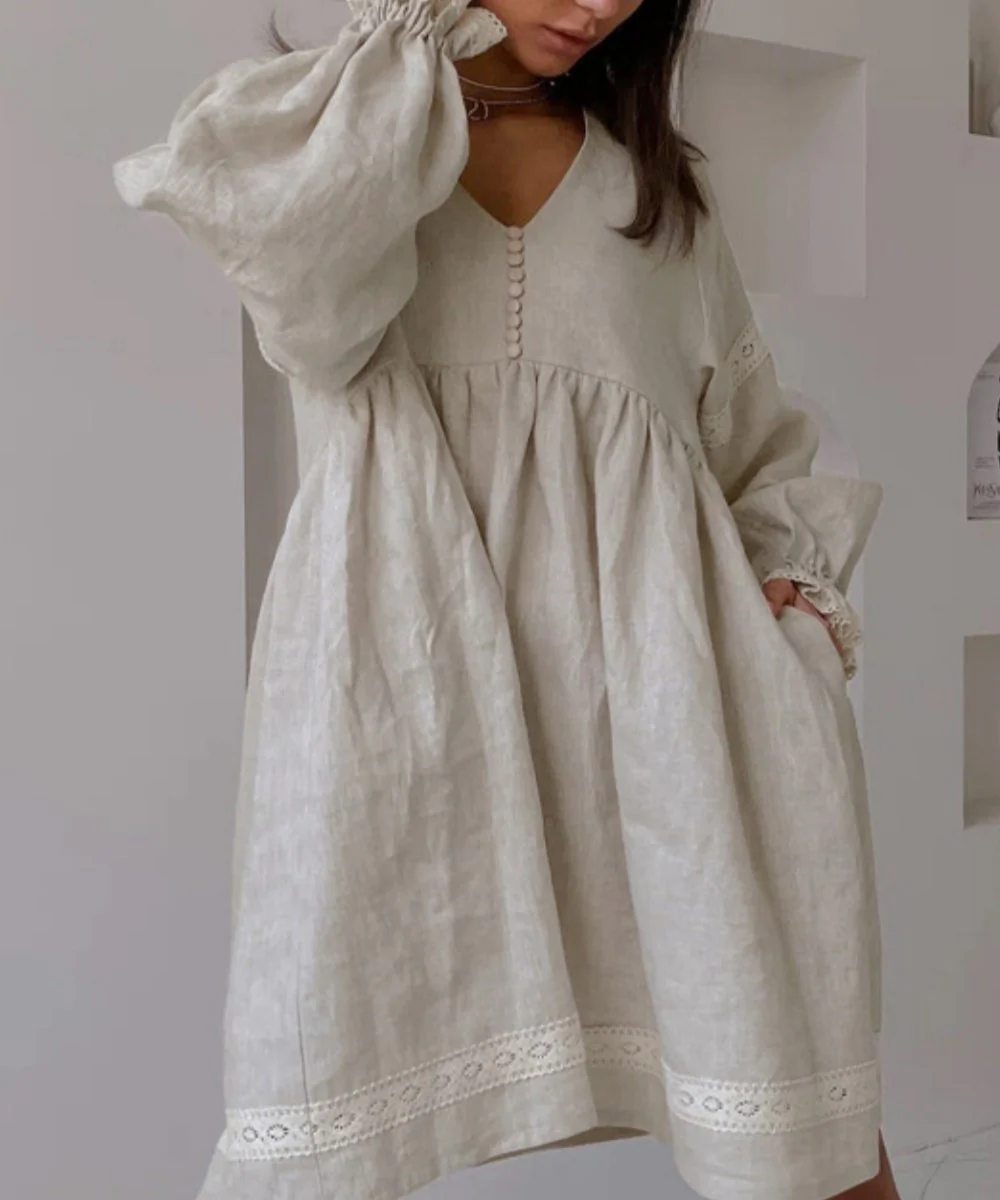 Robe Empire Bohème | Lin | Manches Bouffantes & Détails Dentelle – Image 2