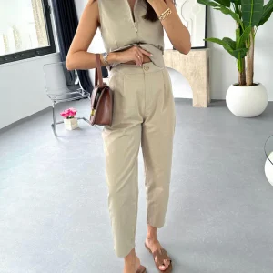 Combinaison Beige Cintrée | Coton | Élégante & Sans Manches