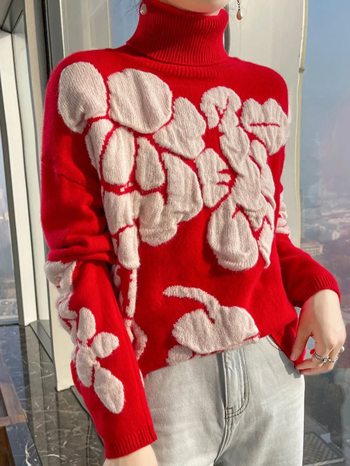Abstract Turtleneck Sweater | Red & White | Warm and Artistic – Image 2