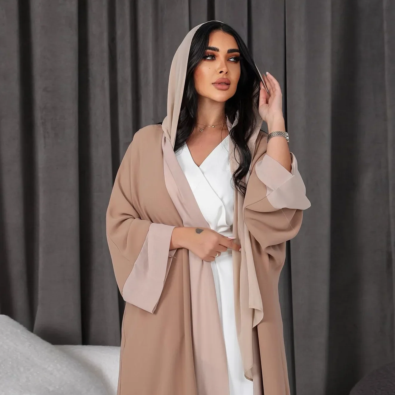 Abaya Kimono Femme Beige Fluide – Image 5