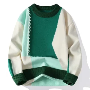 Pull Patchwork Vert et Blanc | Mélange Acrylique & Polyester | Moderne & Confortable