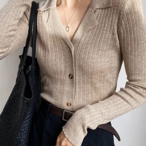 Beige Ribbed Cardigan | Shirt Collar | Elegant & Versatile