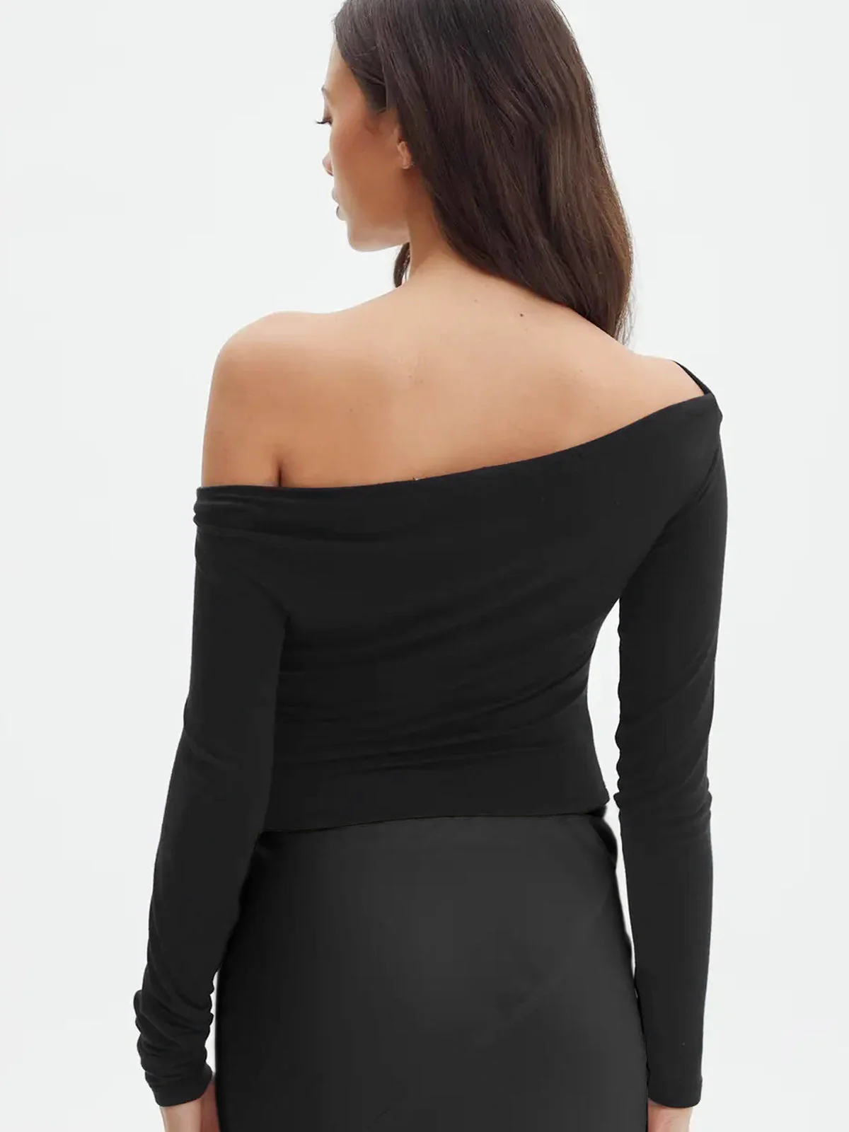 Black Top | Asymmetrical Draped Neckline | Timeless Elegance – Image 3