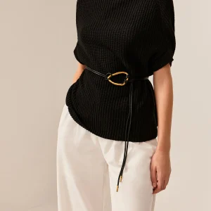 Black Sleeveless Sweater | Gold Belt | Mesh High Neck