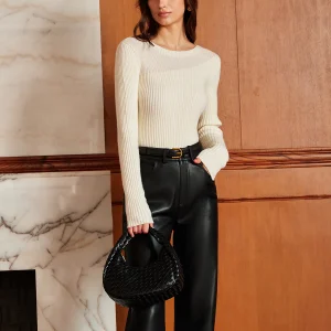 Top Écru à Col Transparent | Maille Côtelée | Élégance Minimaliste