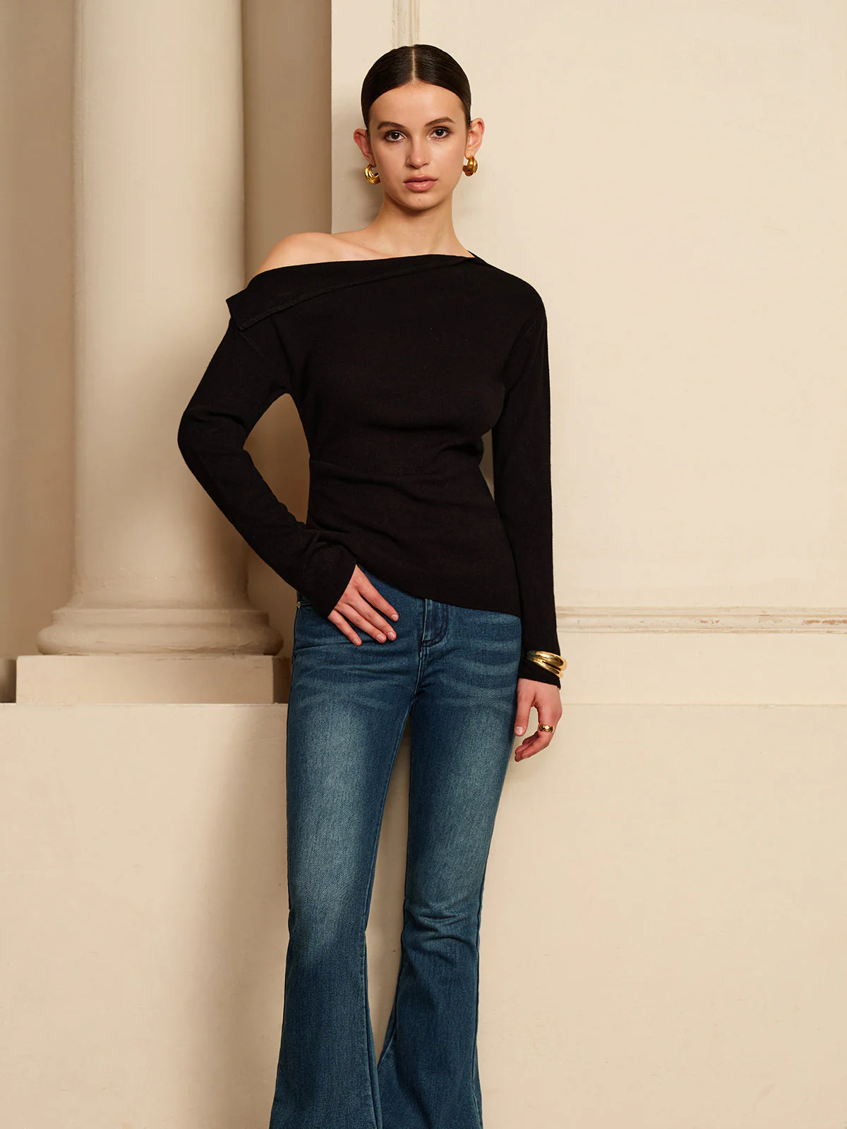 Black Top | Asymmetrical Collar | Casual Elegance – Image 3