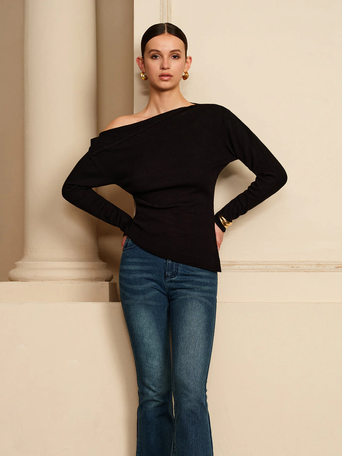Black Top | Asymmetrical Collar | Casual Elegance – Image 4