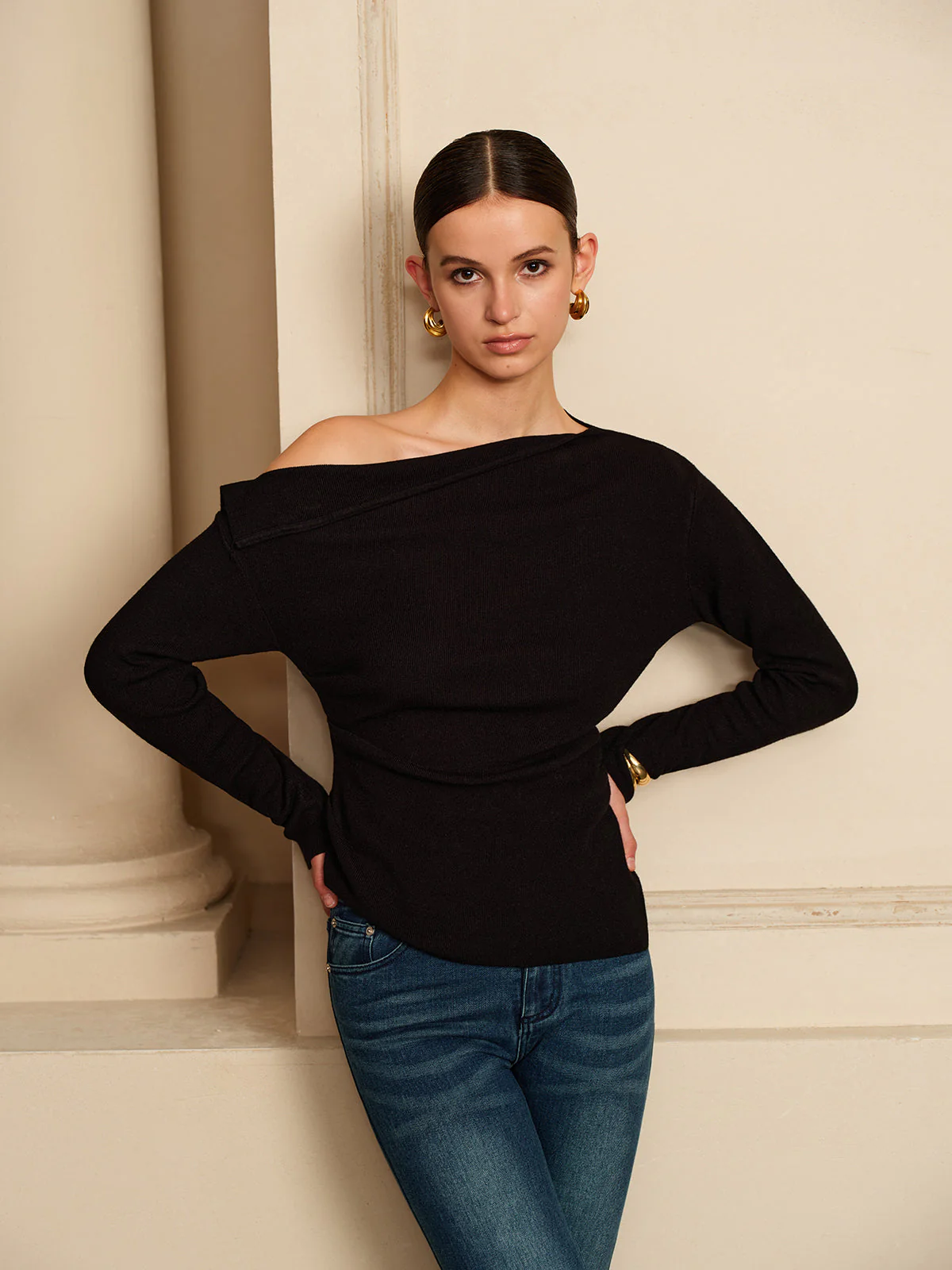 Black Top | Asymmetrical Collar | Casual Elegance