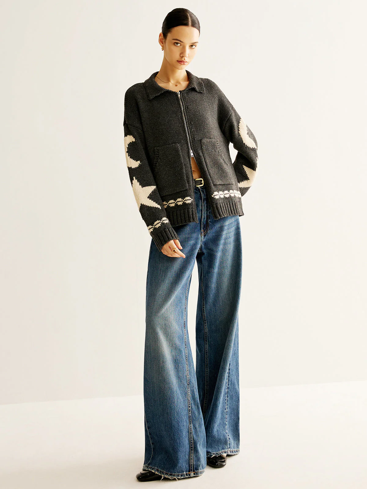 Cardigan Zippé Motifs Lune & Étoile | Maille Oversize | Style Céleste – Image 6