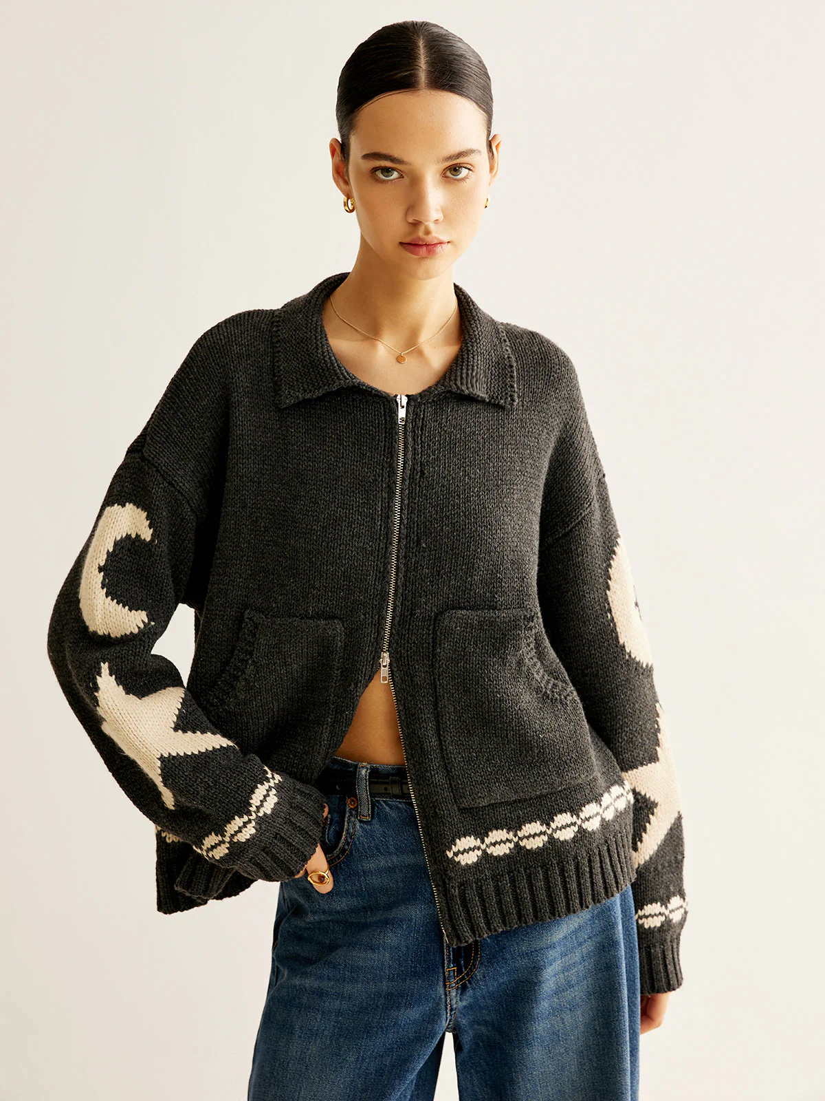 Cardigan Zippé Motifs Lune & Étoile | Maille Oversize | Style Céleste – Image 2