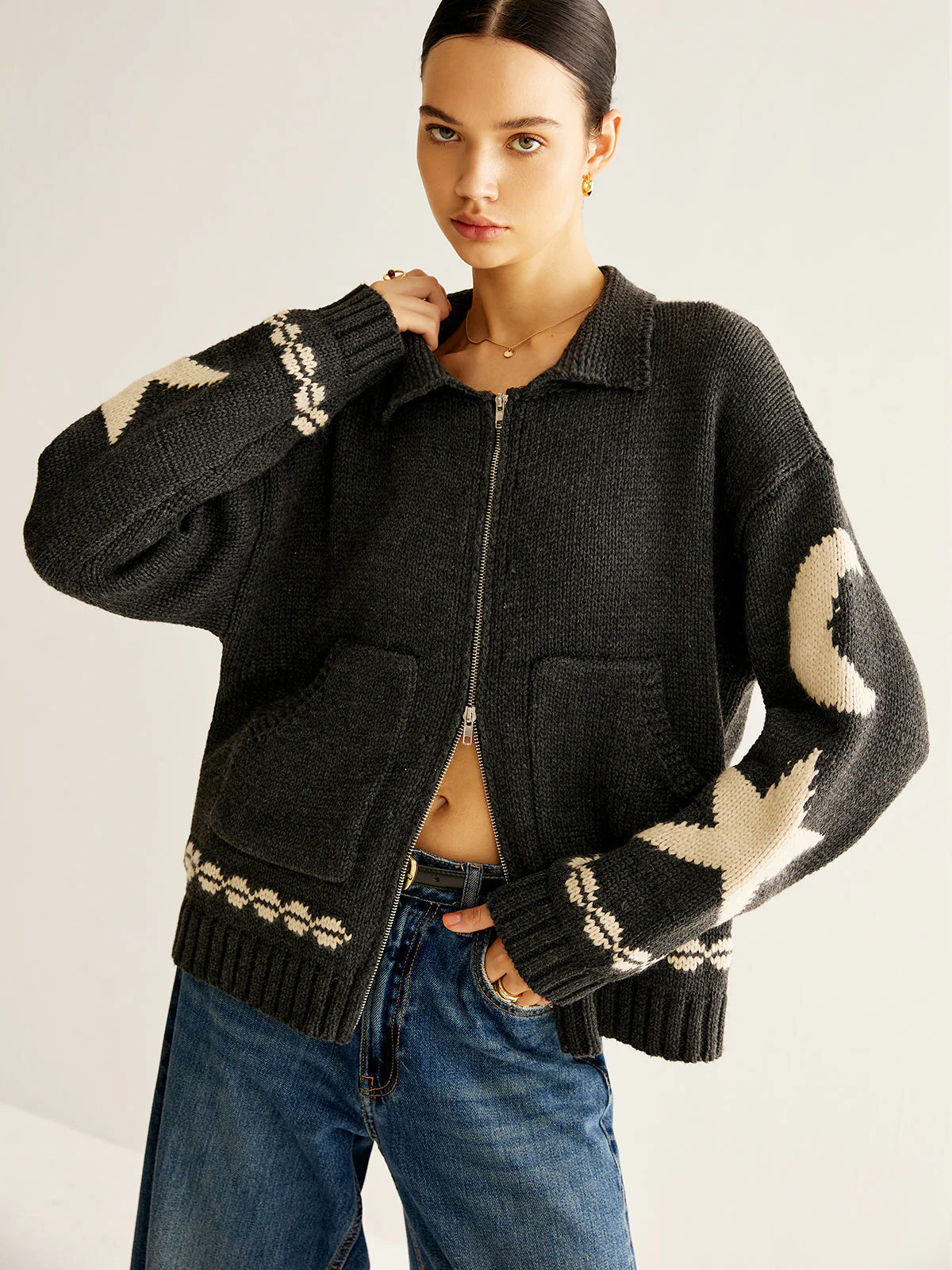 Cardigan Zippé Motifs Lune & Étoile | Maille Oversize | Style Céleste – Image 4