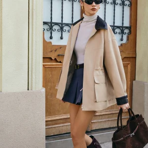 Beige Mid-Season Jacket | Contrast Collar | Fluid Fit