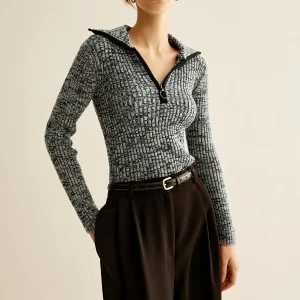 Top Zippé Texturé | Col Polo | Look Structuré Noir & Blanc