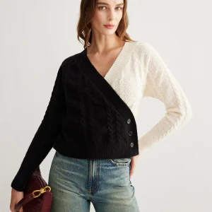 Cardigan Bicolore Croisé | Maille Torsadée | Noir & Blanc Graphique