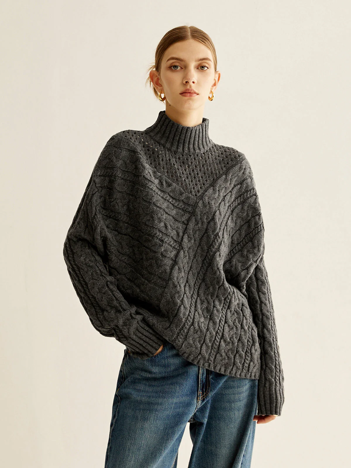 Pull Oversize à Col Montant | Maille Torsadée Gris | Chaleur & Style