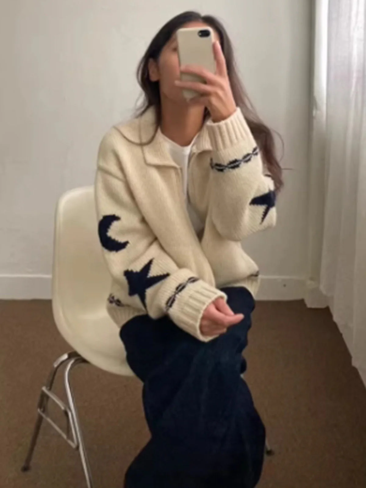 Cardigan Zippé Motifs Lune & Étoile | Maille Oversize | Style Céleste – Image 9