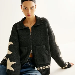 Cardigan Zippé Motifs Lune & Étoile | Maille Oversize | Style Céleste