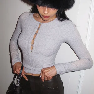 Grey Ribbed Top | Decorative Buttoning | Tailored Short Cut