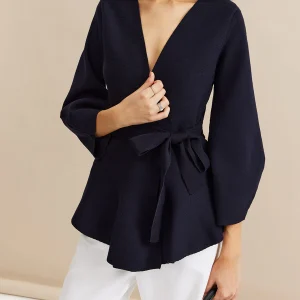 Blouse Portefeuille Manches Bouffantes | Bleu Marine | Élégance Structurée