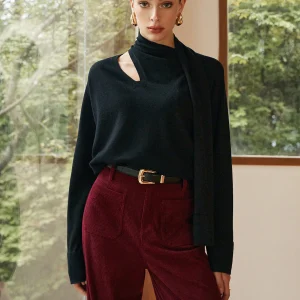 Asymmetrical Black Sweater | Cutout & Scarf Detail | Elegant & Modern