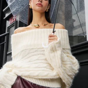 Cream Bare Shoulders Sweater | Textured Knit | Soft & Feminine