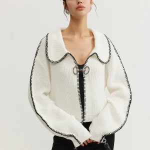 White Contrast Cardigan | Oversize Collar | Chic & Original